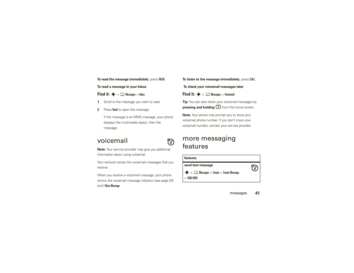 Voicemail, More messaging features | Motorola W377G User Manual | Page 43 / 88