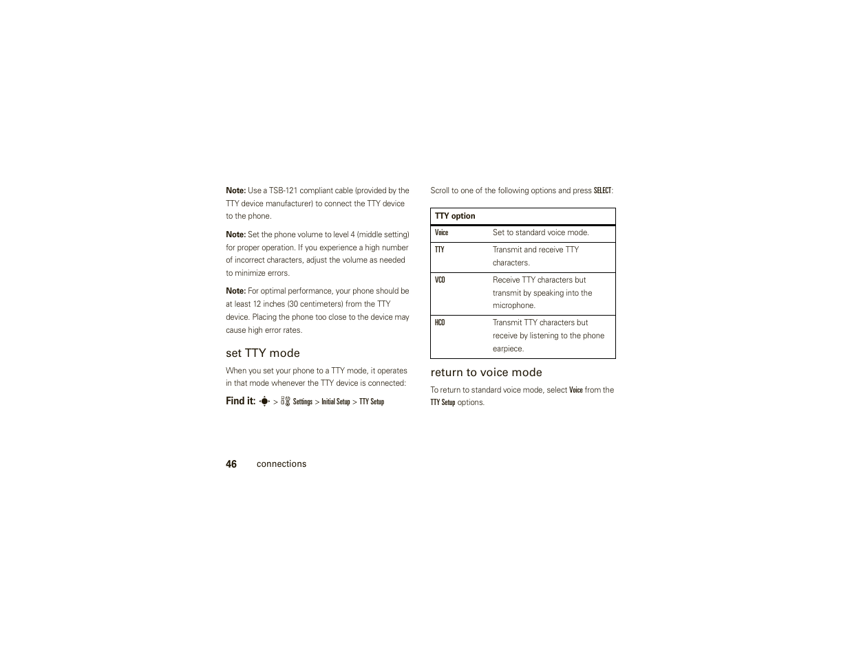 Set tty mode, Return to voice mode | Motorola W377G User Manual | Page 48 / 88