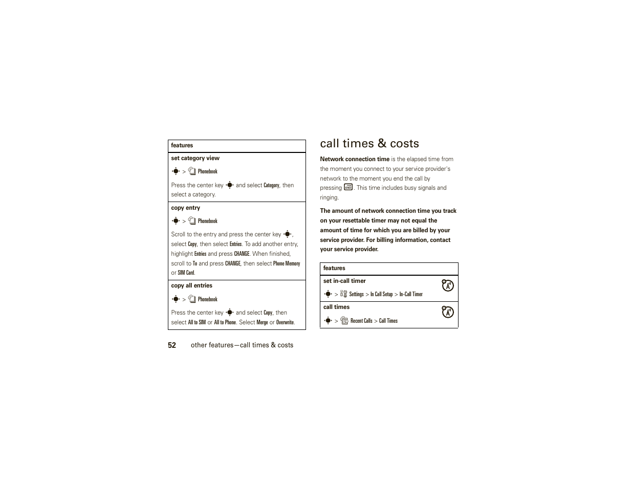 Call times & costs | Motorola W377G User Manual | Page 54 / 88