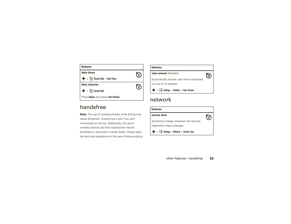 Handsfree, Network | Motorola W377G User Manual | Page 55 / 88