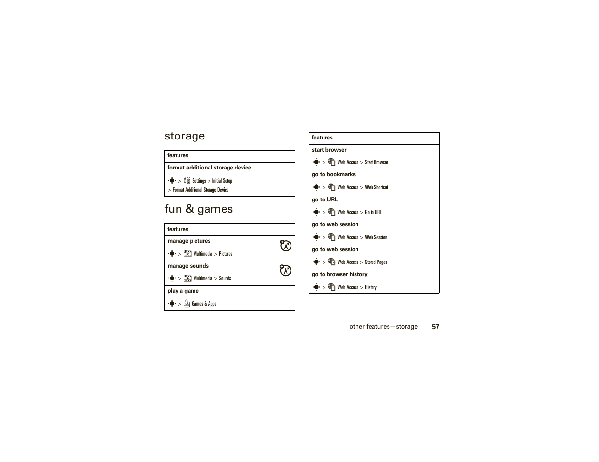 Storage, Fun & games, Storage fun & games | Motorola W377G User Manual | Page 59 / 88