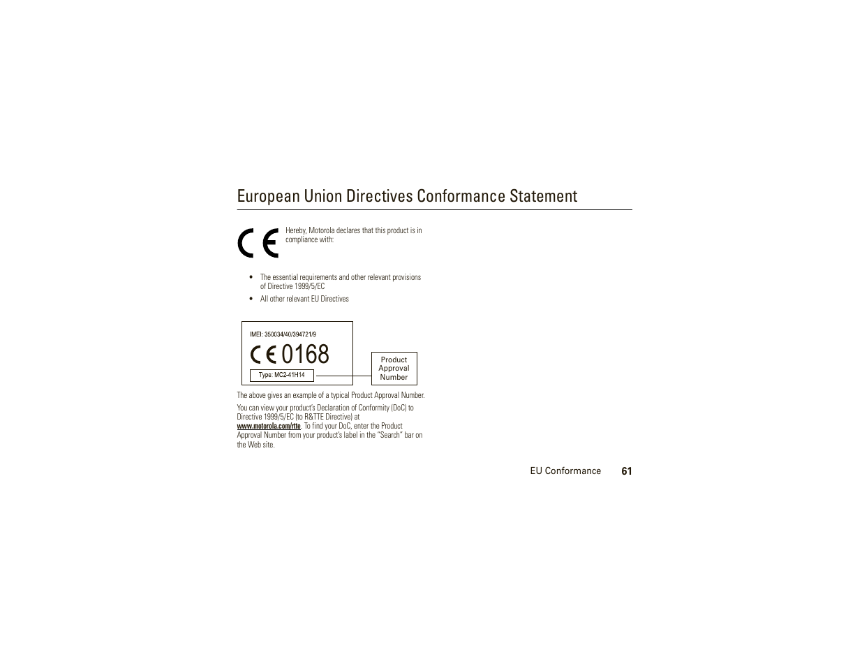 Eu conformance, European union directives conformance statement | Motorola W377G User Manual | Page 63 / 88