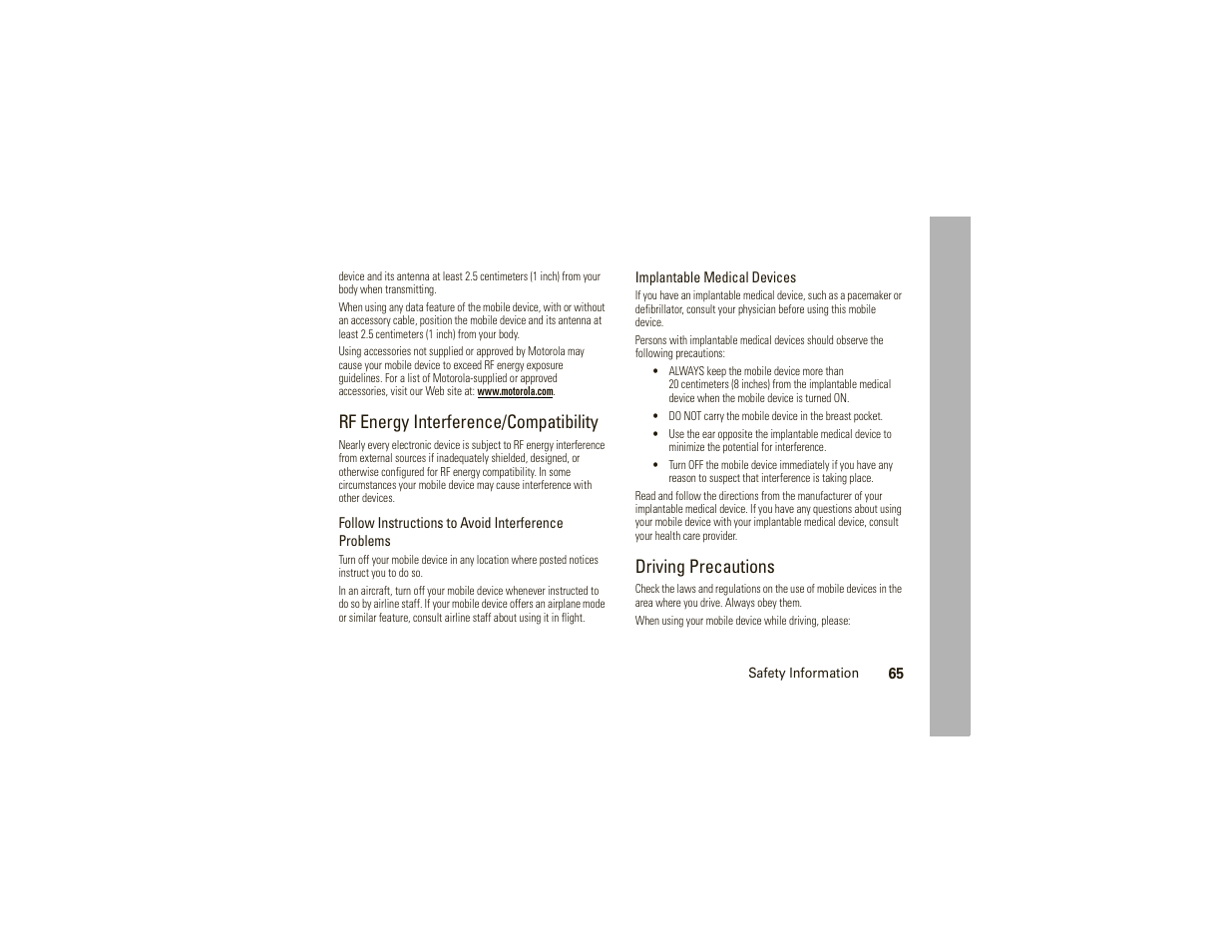 Rf energy interference/compatibility, Driving precautions | Motorola W377G User Manual | Page 67 / 88