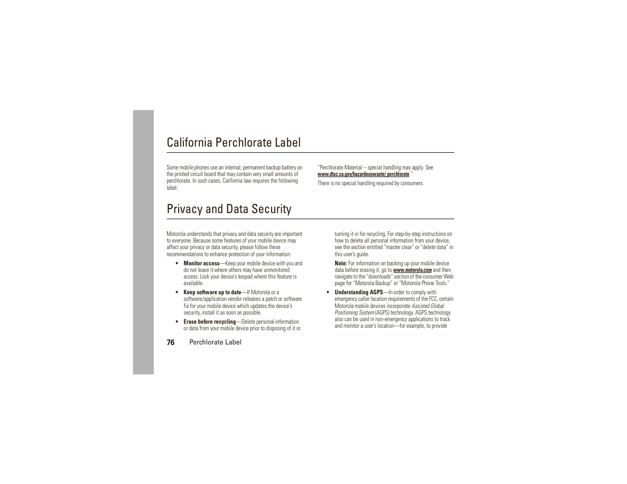 Perchlorate label, Privacy and data security, California perchlorate label | Motorola W377G User Manual | Page 78 / 88