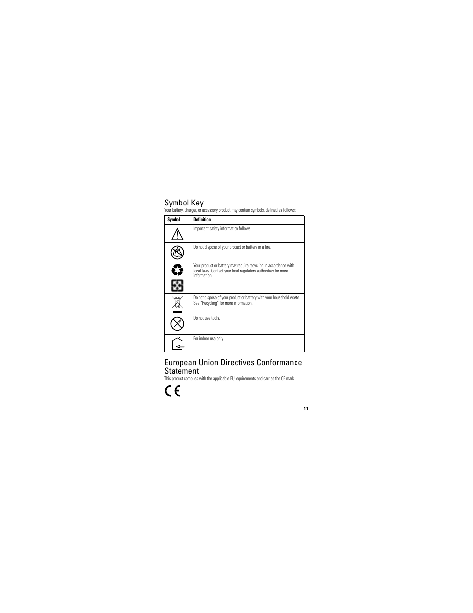 Symbol key, European union directives conformance statement | Motorola P893 User Manual | Page 13 / 92