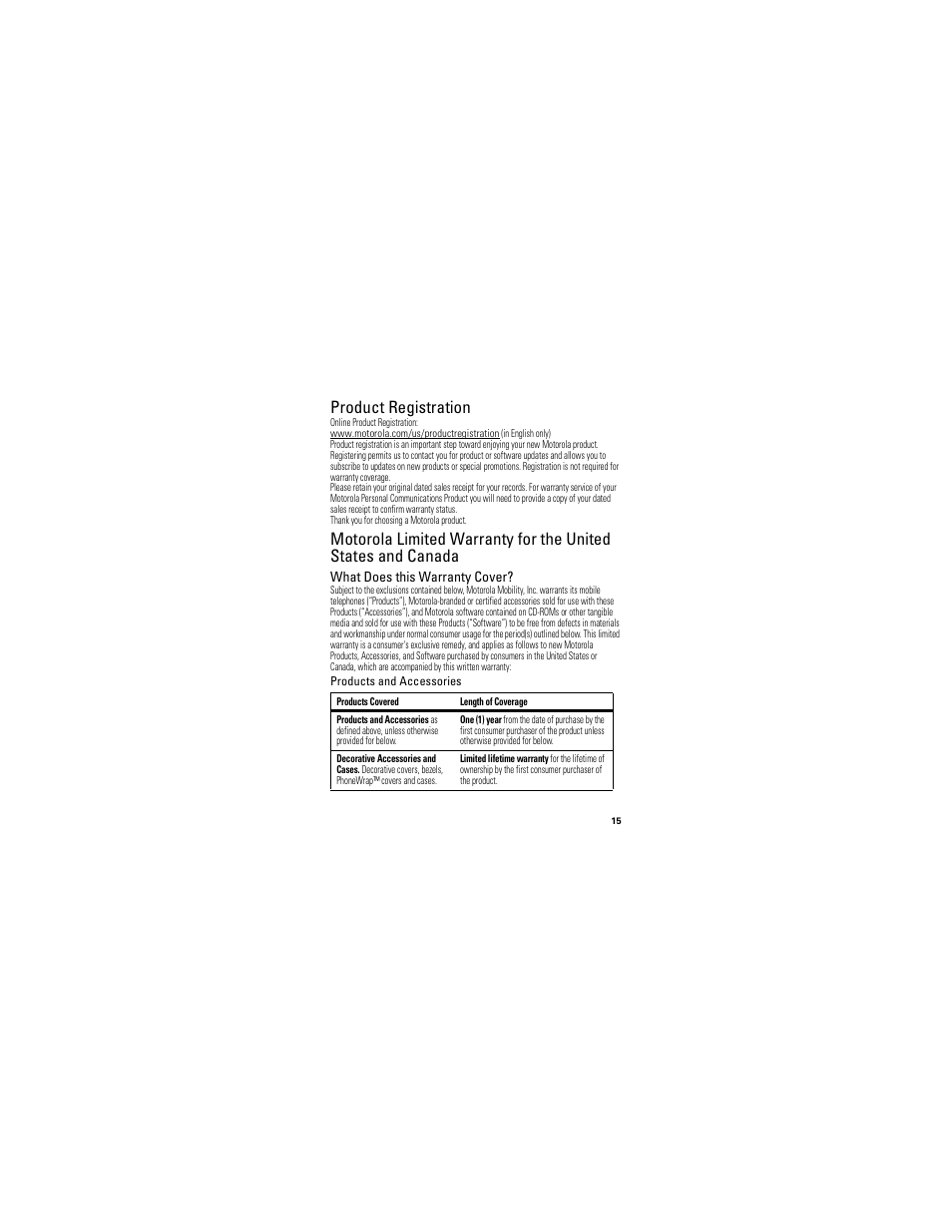 Product registration, What does this warranty cover | Motorola P893 User Manual | Page 17 / 92