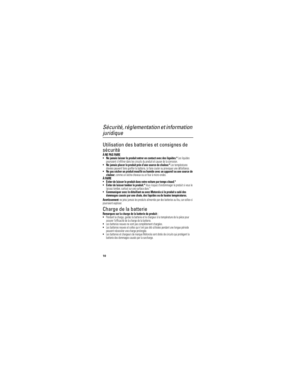 Sécurité, réglementation et information juridique, Utilisation des batteries et consignes de sécurité, Charge de la batterie | Motorola P893 User Manual | Page 58 / 92