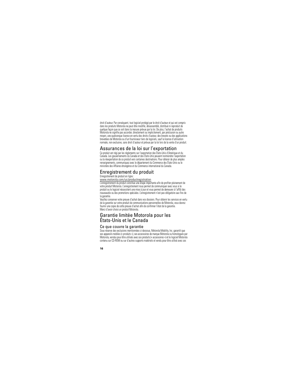 Assurances de la loi sur l’exportation, Enregistrement du produit, Ce que couvre la garantie | Motorola P893 User Manual | Page 64 / 92