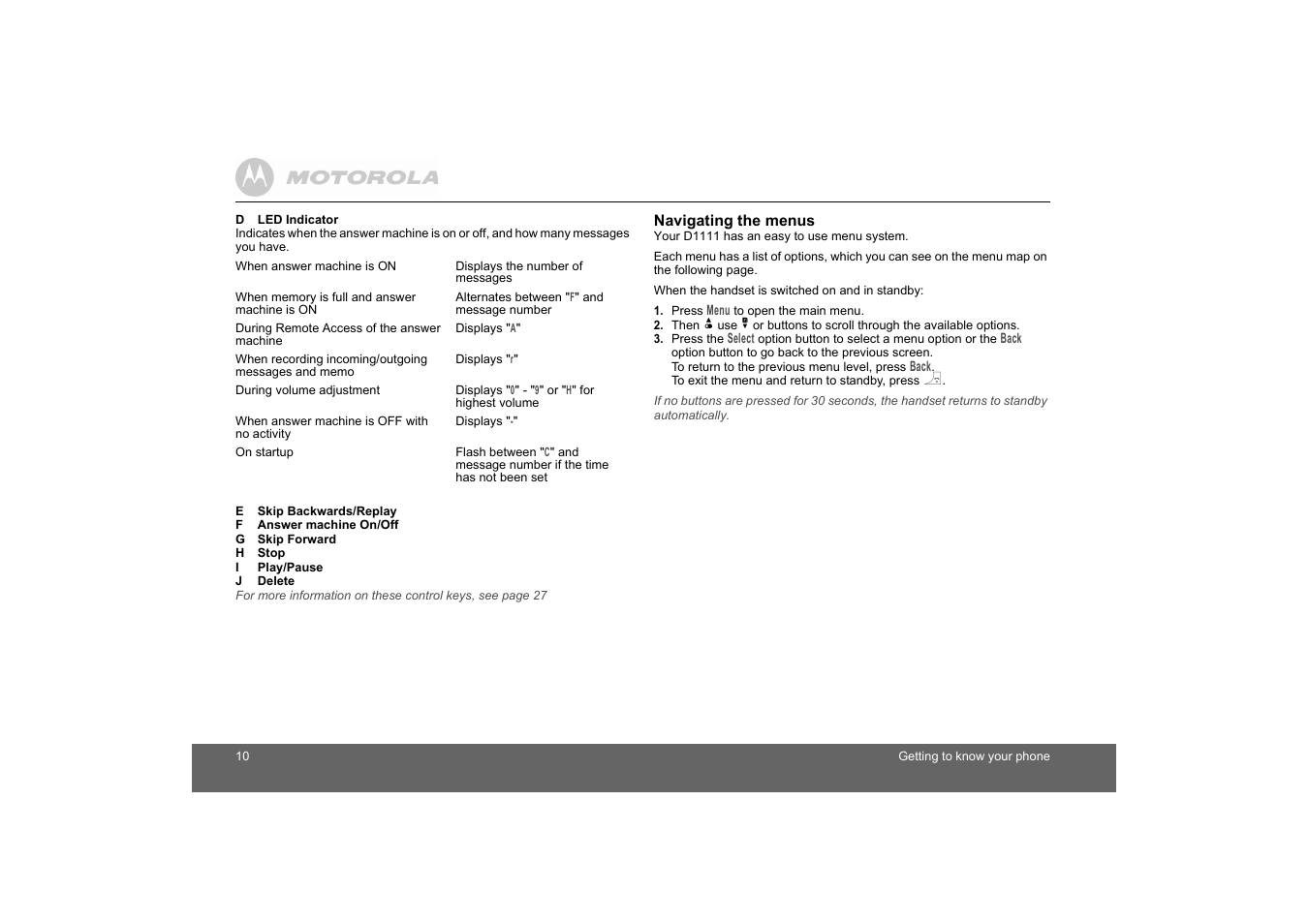 Navigating the menus | Motorola D1110 User Manual | Page 10 / 43