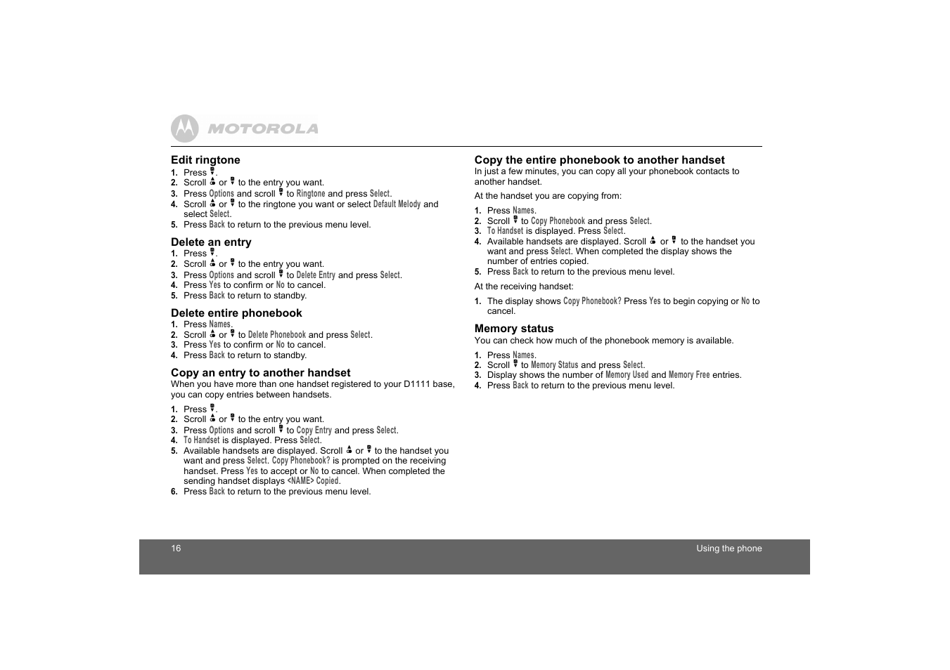 Edit ringtone, Delete an entry, Delete entire phonebook | Copy an entry to another handset, Copy the entire phonebook to another handset, Memory status | Motorola D1110 User Manual | Page 16 / 43