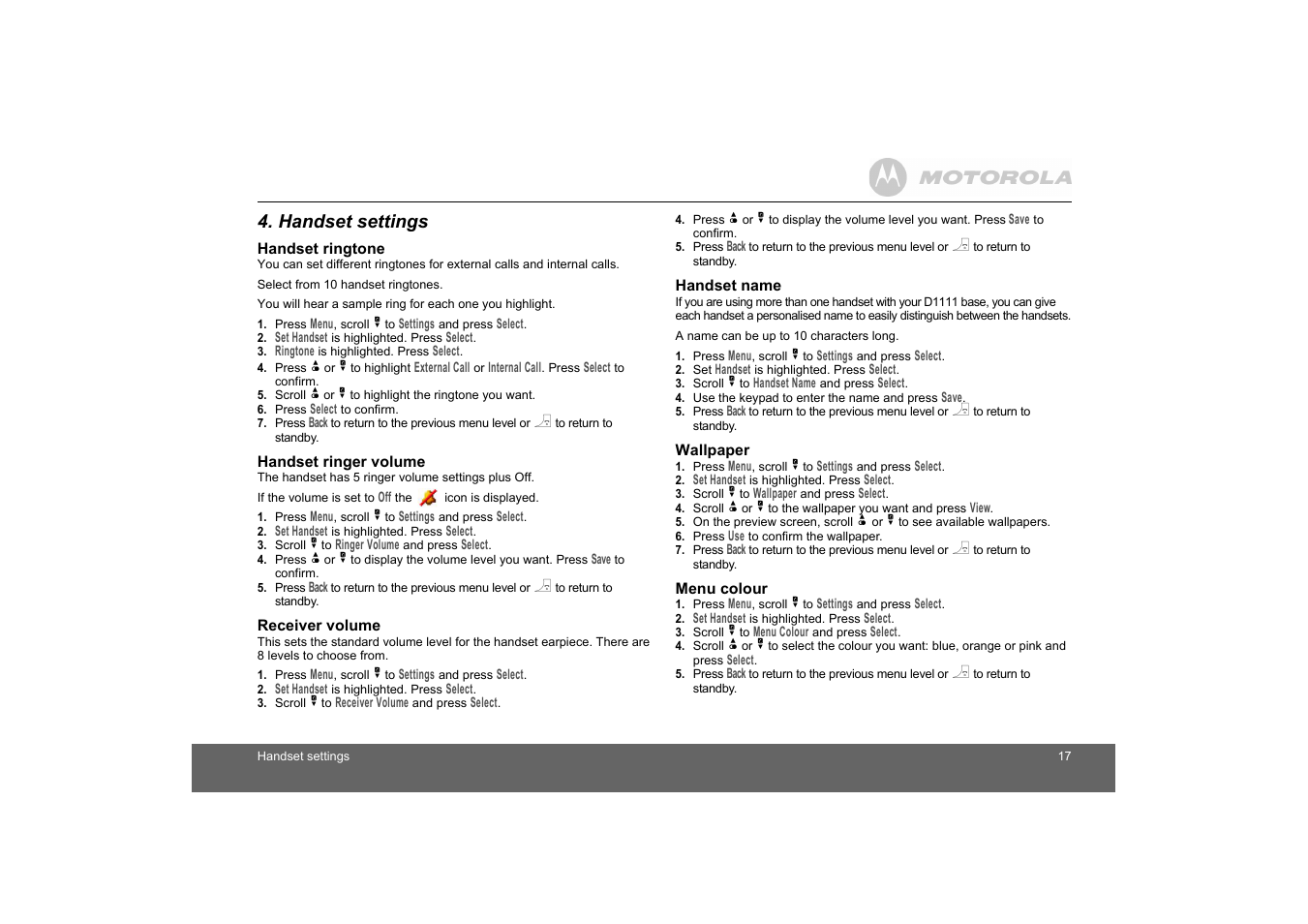 Handset settings, Handset ringtone, Handset ringer volume | Receiver volume, Handset name, Wallpaper, Menu colour | Motorola D1110 User Manual | Page 17 / 43