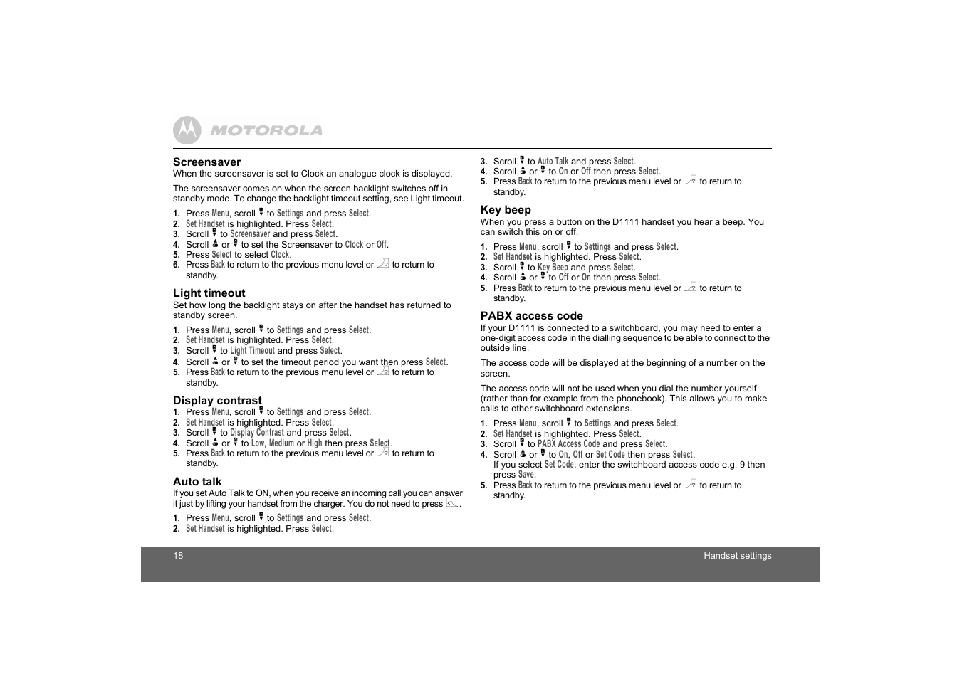 Screensaver, Light timeout, Display contrast | Auto talk, Key beep, Pabx access code | Motorola D1110 User Manual | Page 18 / 43