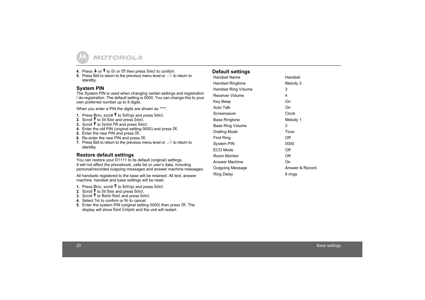 System pin, Restore default settings, Default settings | Motorola D1110 User Manual | Page 20 / 43