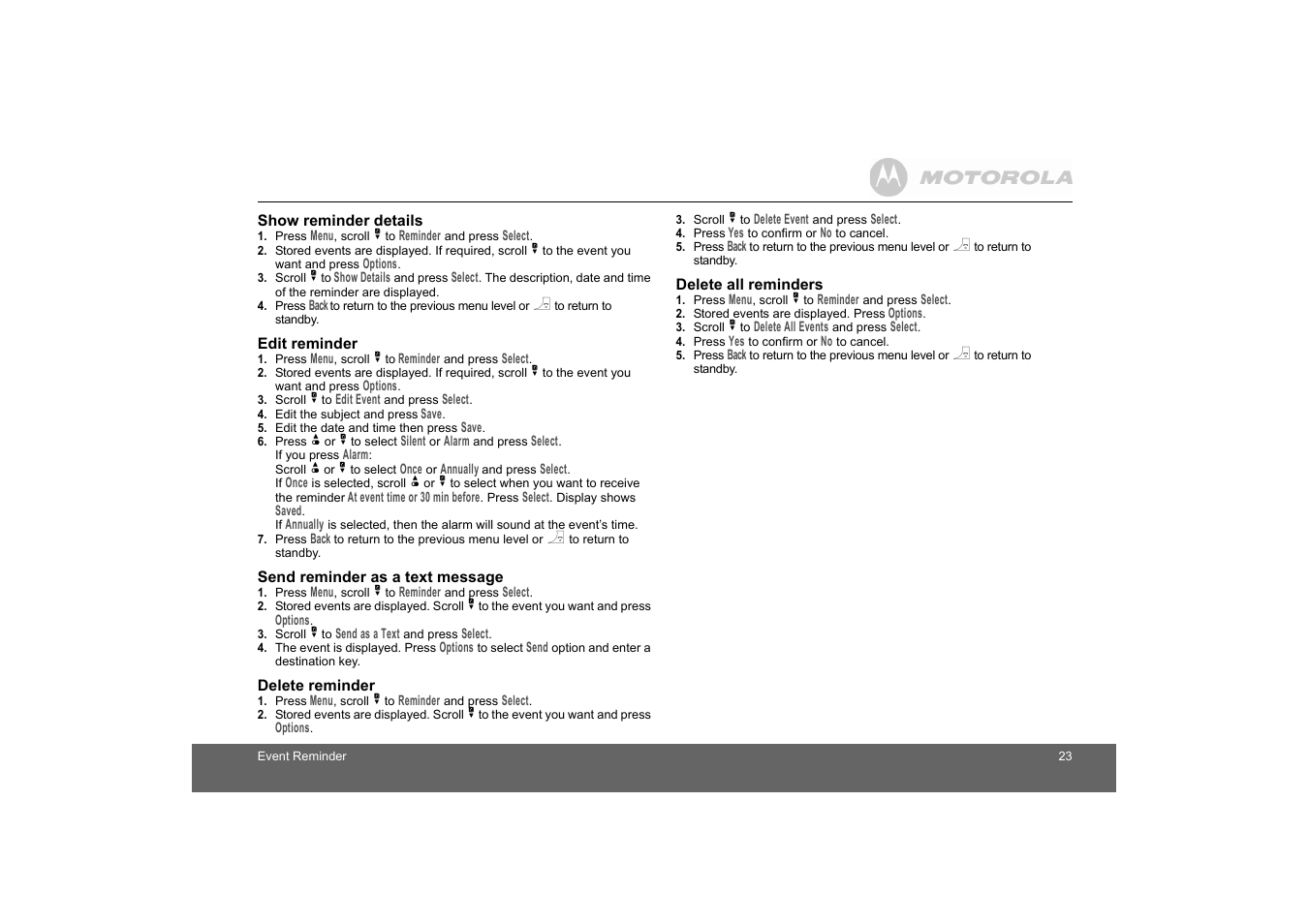Show reminder details, Edit reminder, Send reminder as a text message | Delete reminder, Delete all reminders | Motorola D1110 User Manual | Page 23 / 43