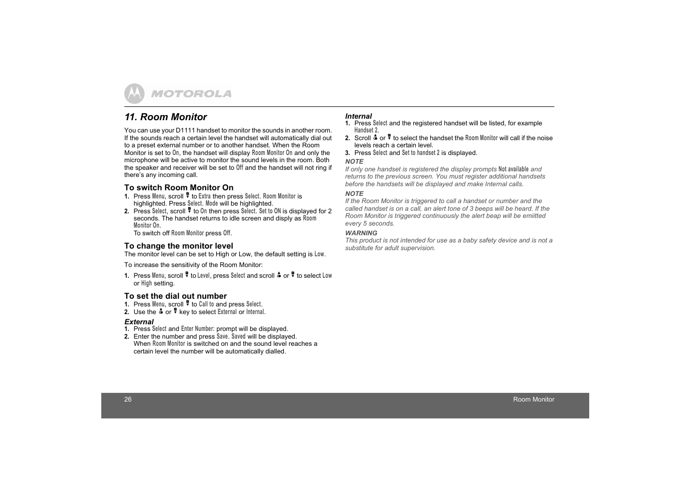 Room monitor, To switch room monitor on, To change the monitor level | To set the dial out number | Motorola D1110 User Manual | Page 26 / 43