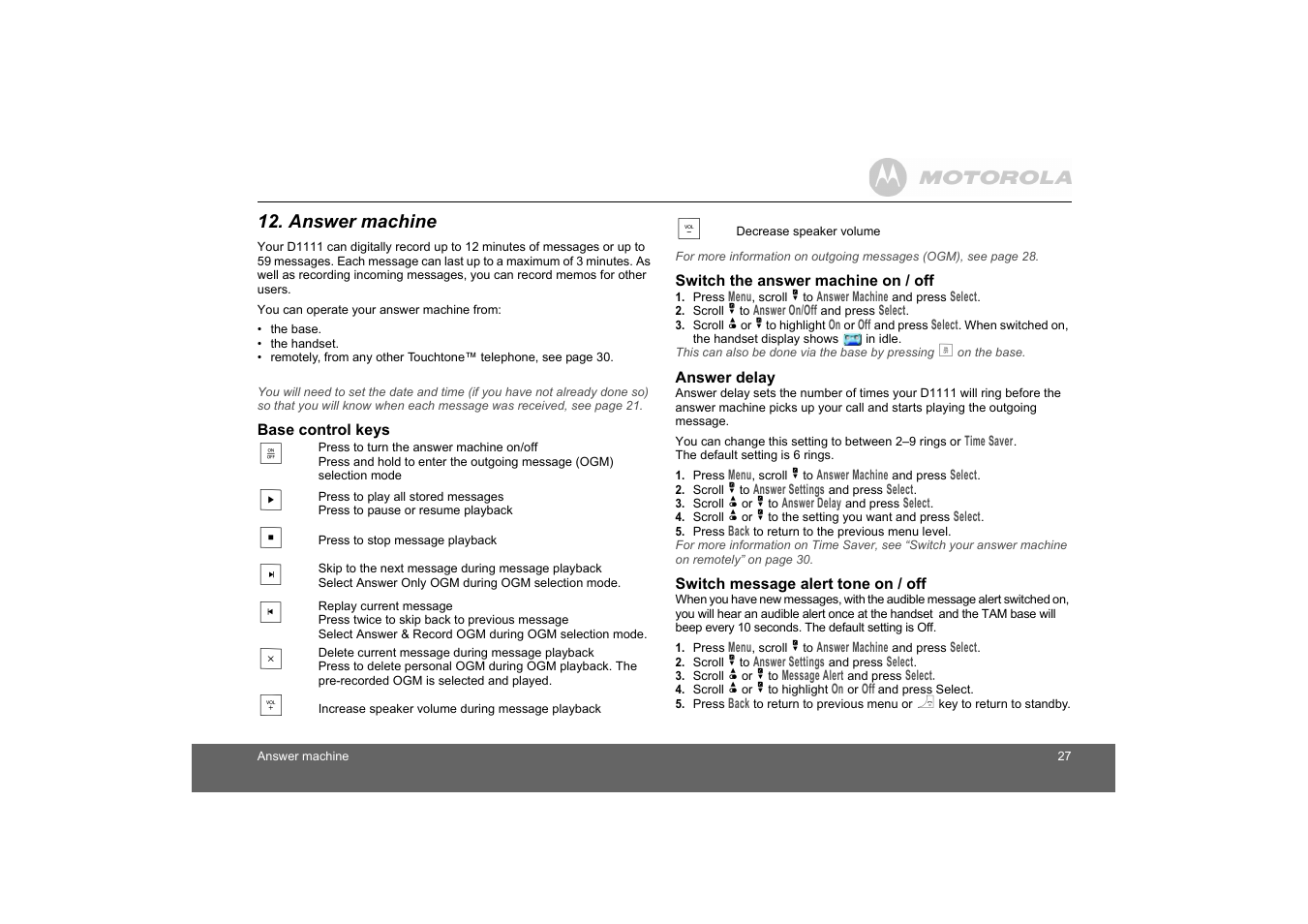 Answer machine, Base control keys, Switch the answer machine on / off | Answer delay, Switch message alert tone on / off | Motorola D1110 User Manual | Page 27 / 43