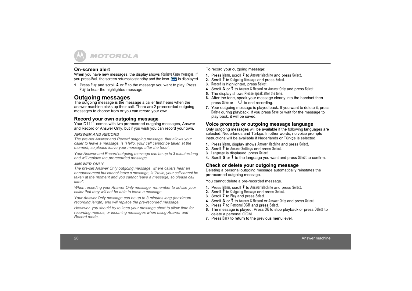 On-screen alert, Record your own outgoing message, Voice prompts or outgoing message language | Check or delete your outgoing message | Motorola D1110 User Manual | Page 28 / 43