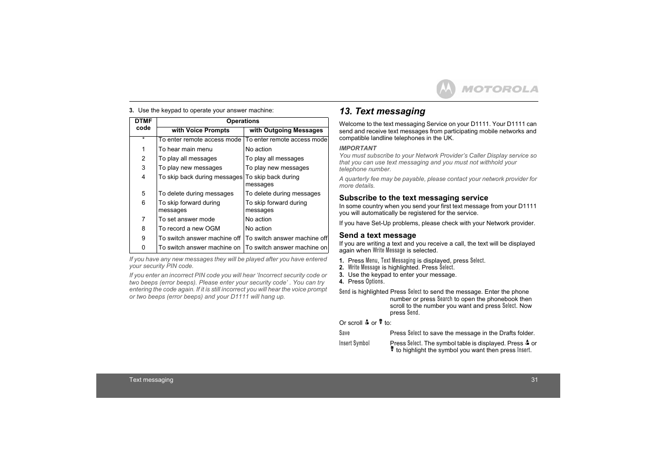 Text messaging, Subscribe to the text messaging service, Send a text message | Motorola D1110 User Manual | Page 31 / 43