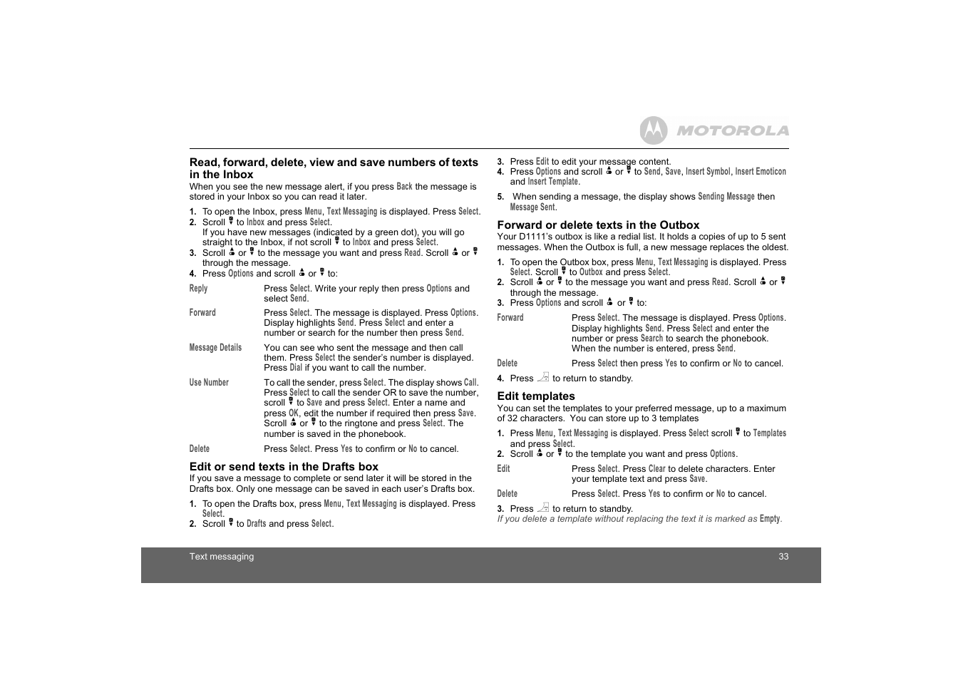 In the inbox, Edit or send texts in the drafts box, Forward or delete texts in the outbox | Edit templates | Motorola D1110 User Manual | Page 33 / 43