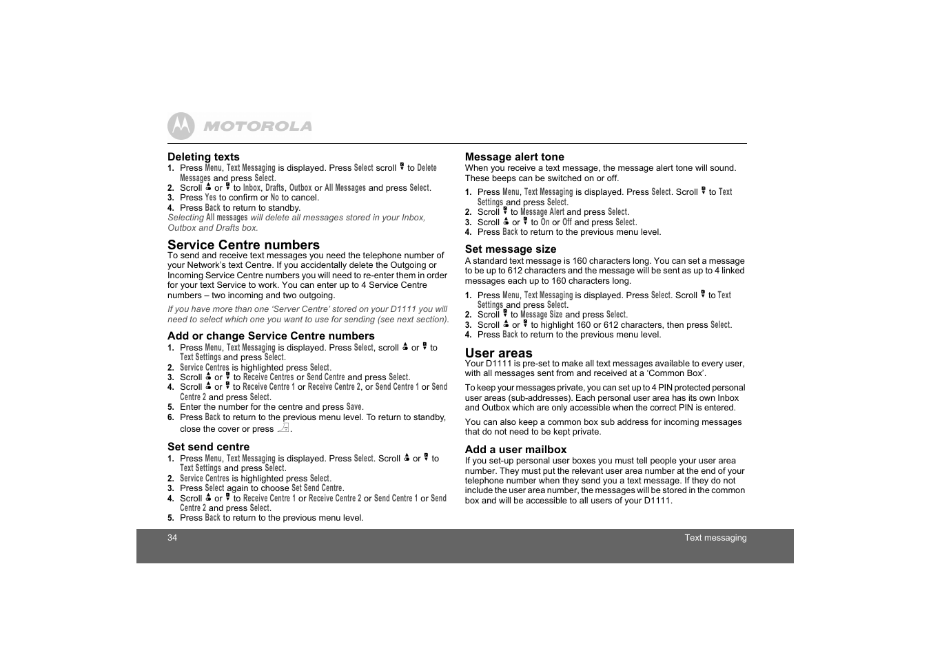Deleting texts, Add or change service centre numbers, Set send centre | Message alert tone, Set message size, Add a user mailbox | Motorola D1110 User Manual | Page 34 / 43