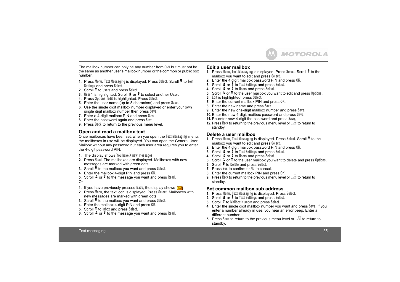 Open and read a mailbox text, Edit a user mailbox, Delete a user mailbox | Set common mailbox sub address | Motorola D1110 User Manual | Page 35 / 43