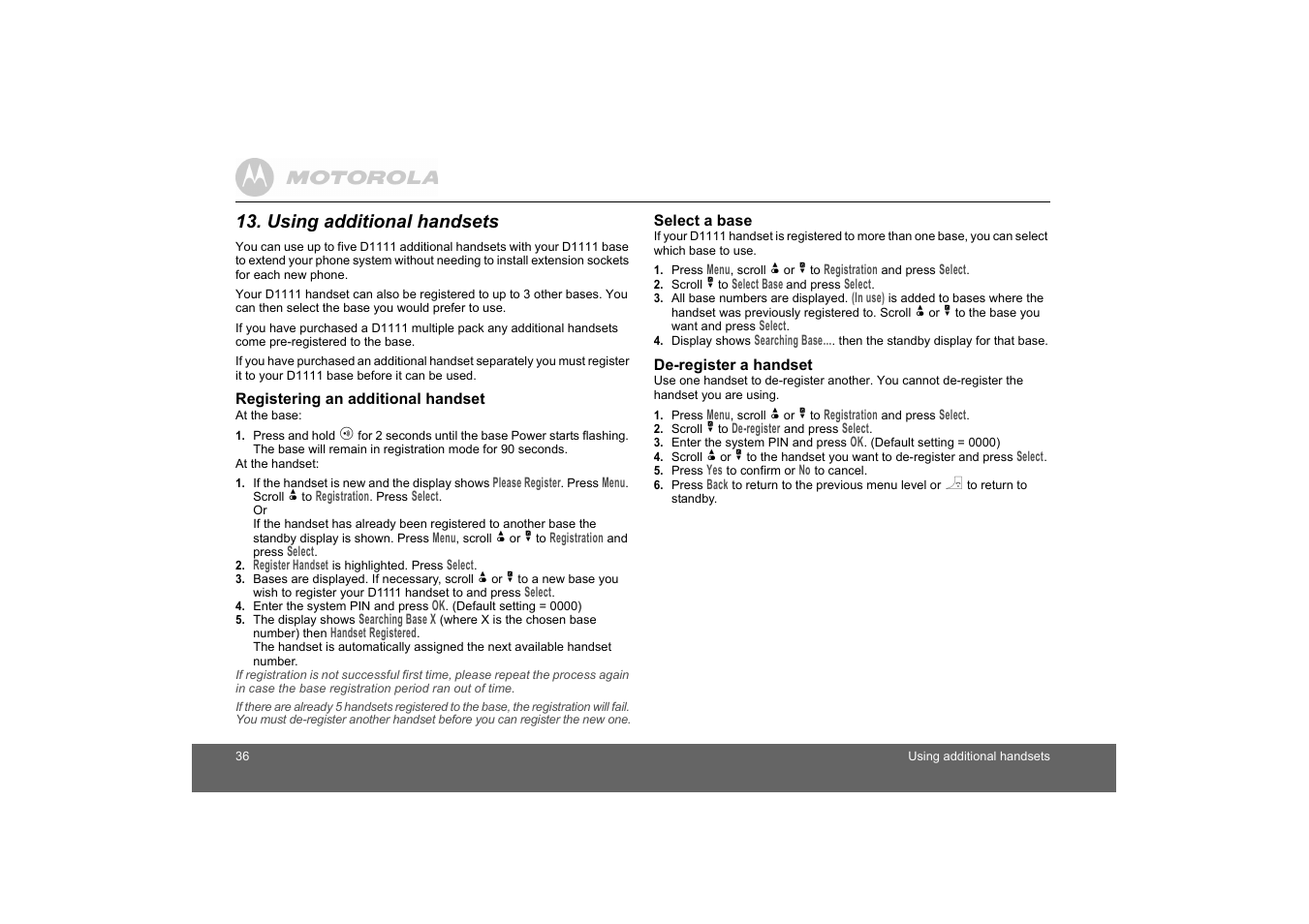 Using additional handsets, Registering an additional handset, Select a base | De-register a handset | Motorola D1110 User Manual | Page 36 / 43