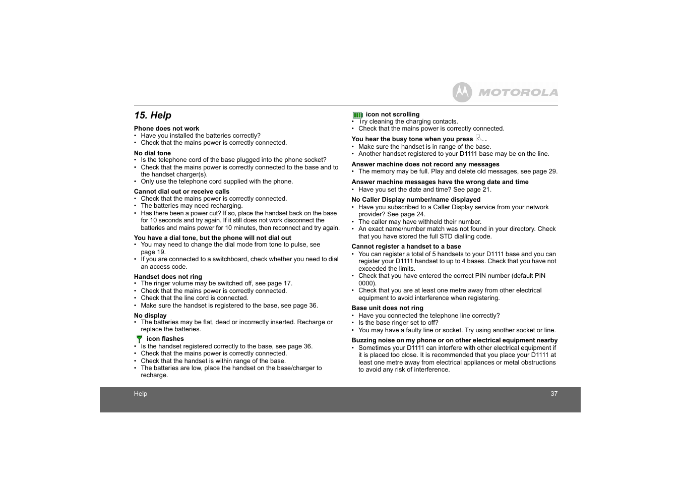 Help | Motorola D1110 User Manual | Page 37 / 43