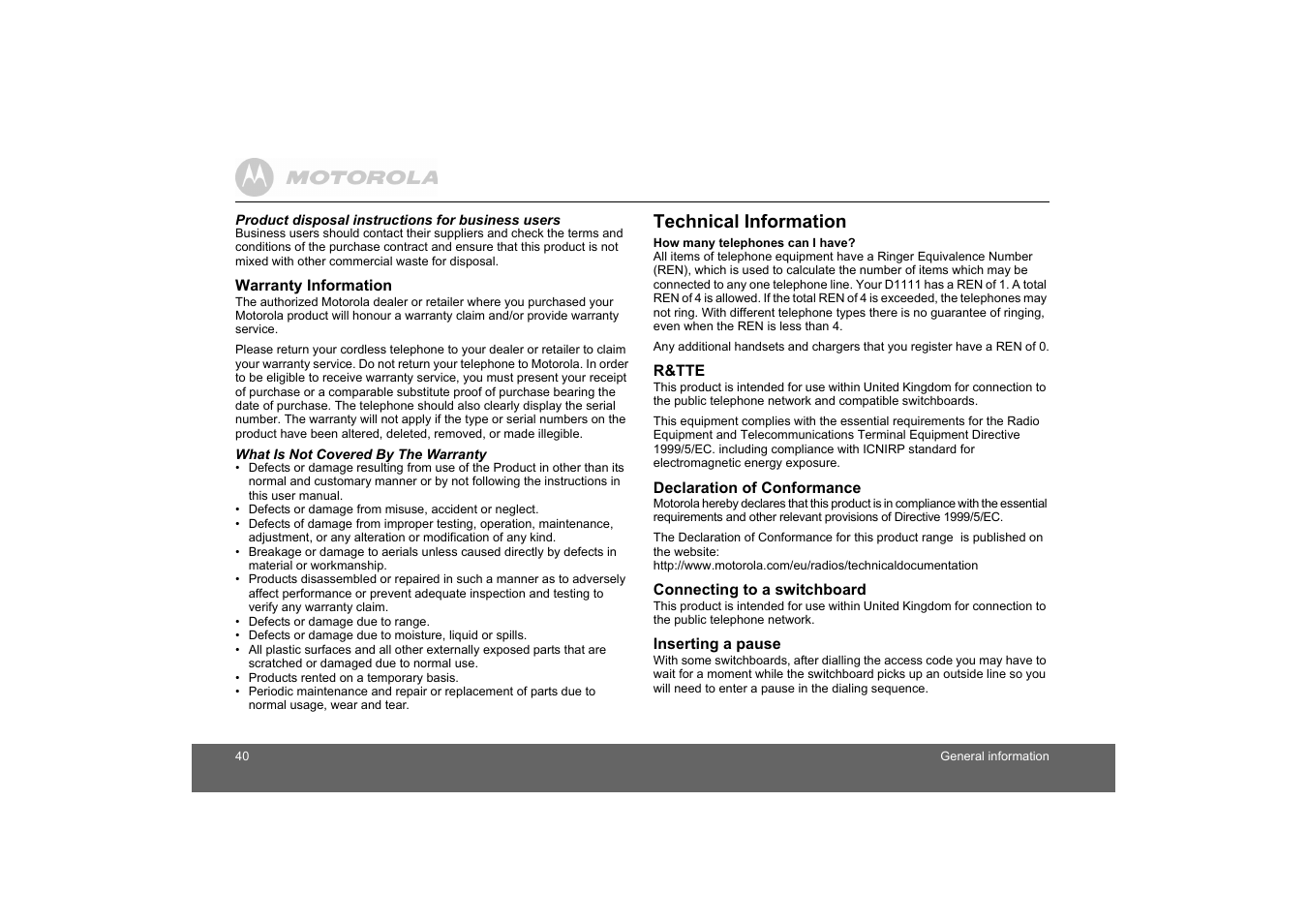 Warranty information, R&tte, Declaration of conformance | Connecting to a switchboard, Inserting a pause | Motorola D1110 User Manual | Page 40 / 43