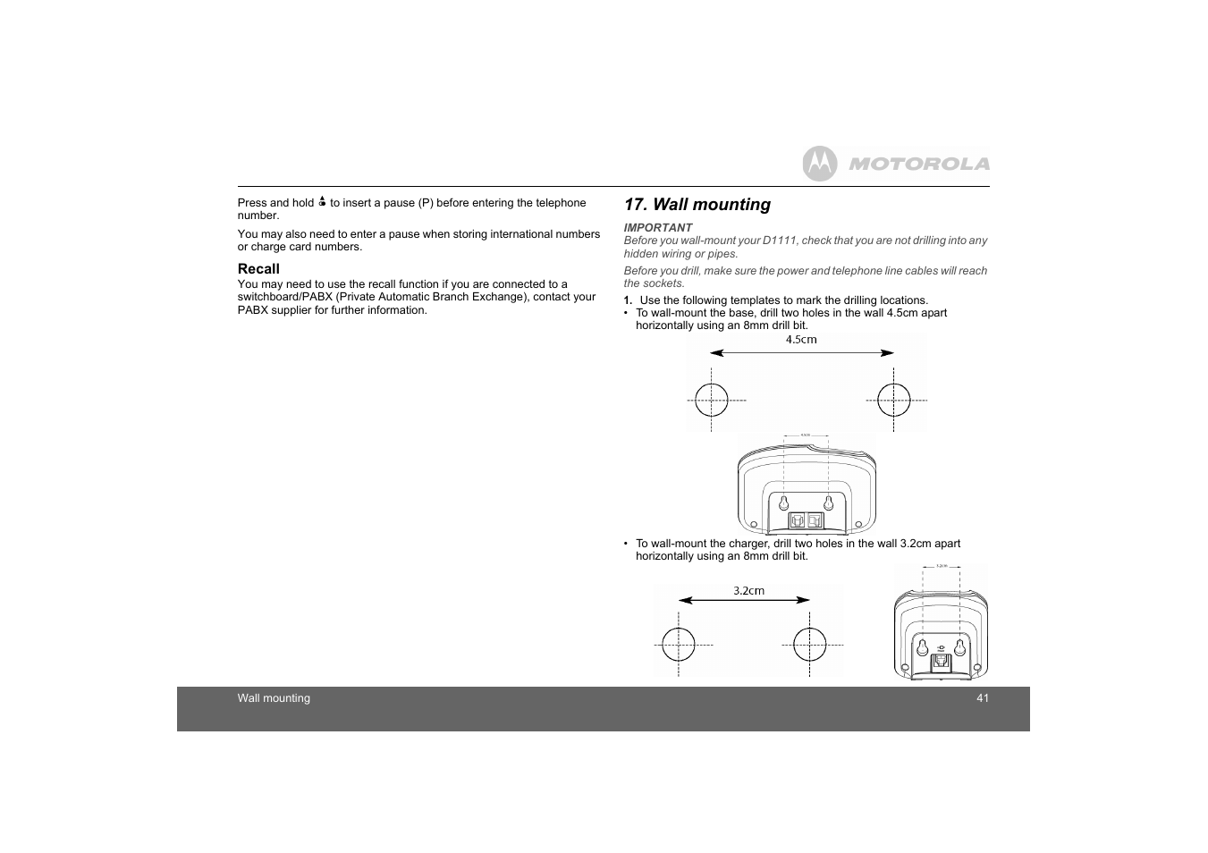 Recall, Wall mounting | Motorola D1110 User Manual | Page 41 / 43