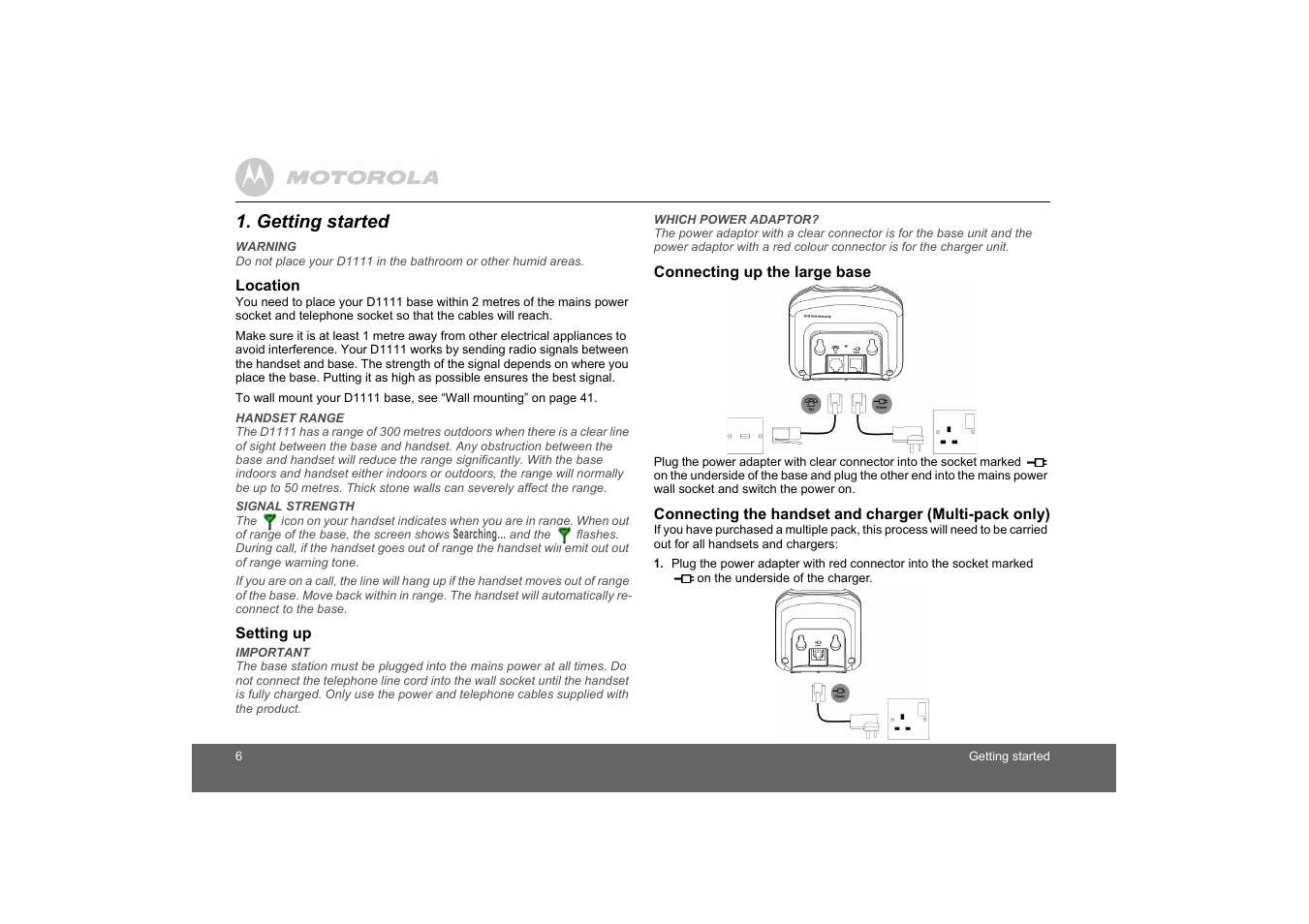 Getting started, Location, Setting up | Connecting up the large base | Motorola D1110 User Manual | Page 6 / 43