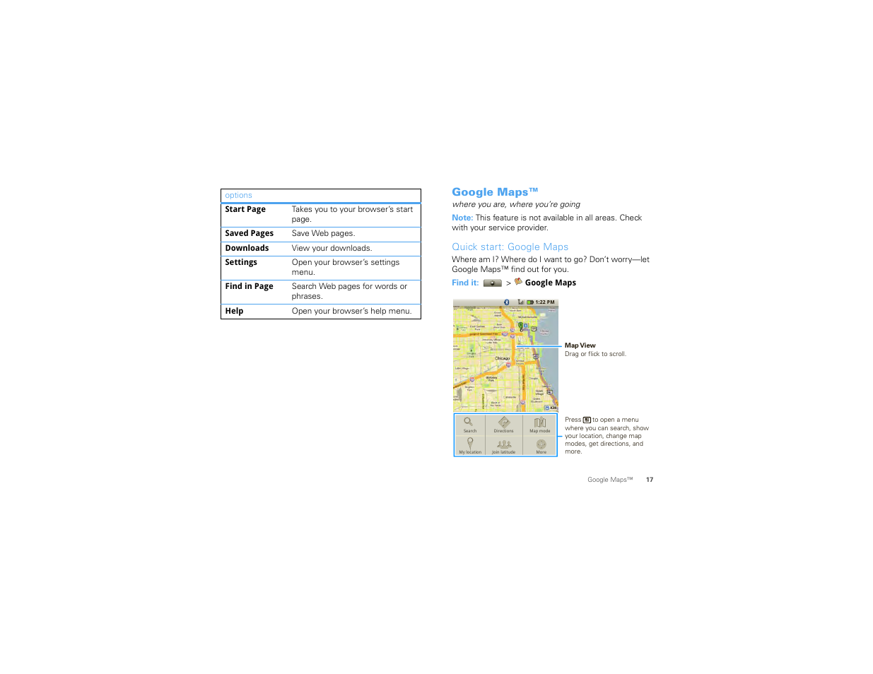 Google maps, Quick start: google maps | Motorola I1 User Manual | Page 19 / 63