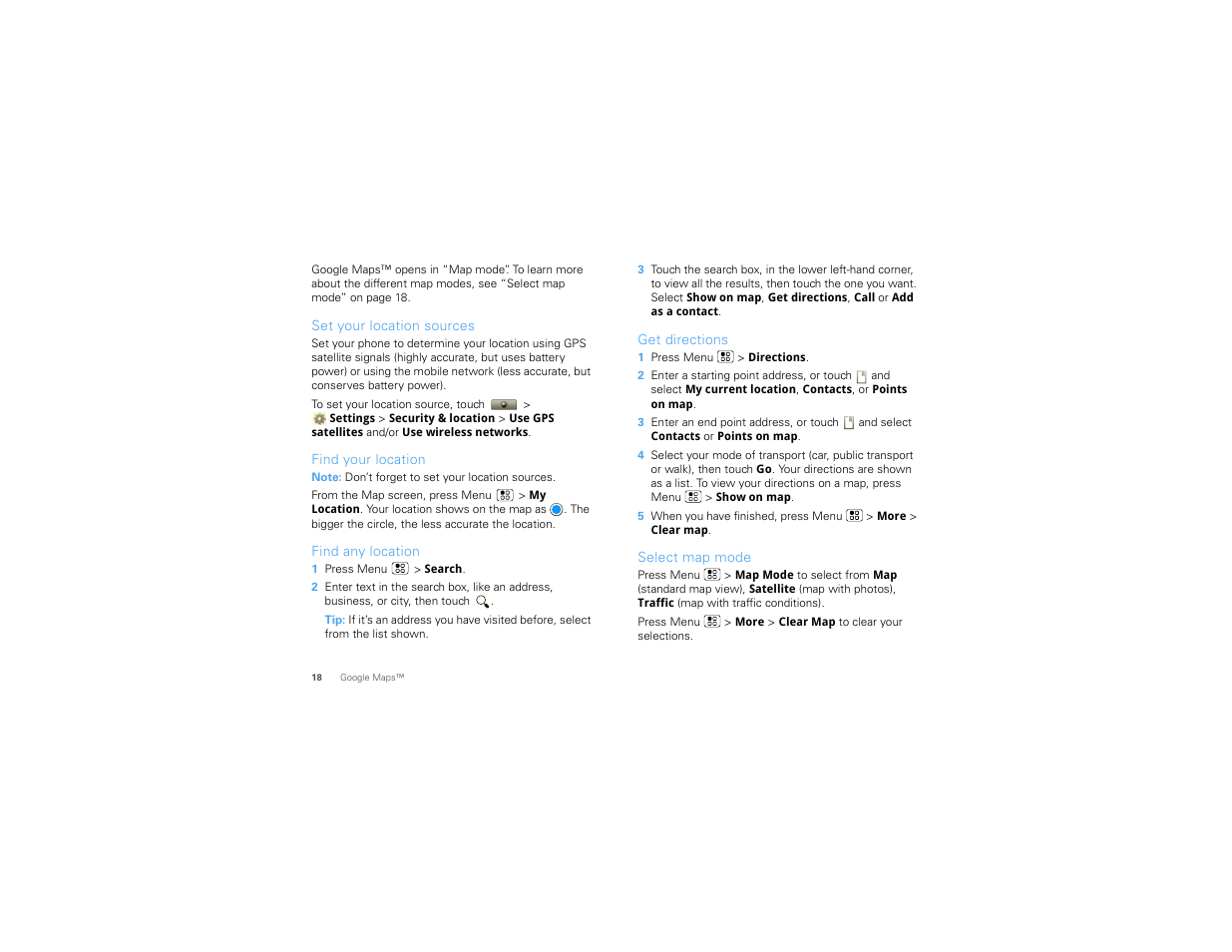Set your location sources, Find your location, Find any location | Get directions, Select map mode | Motorola I1 User Manual | Page 20 / 63