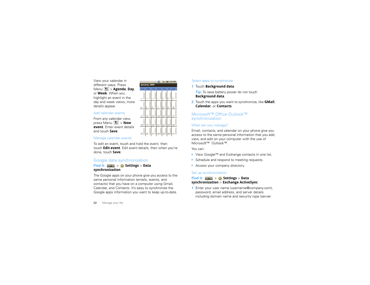 Google data synchronization, Microsoft™ office outlook™ synchronization | Motorola I1 User Manual | Page 24 / 63