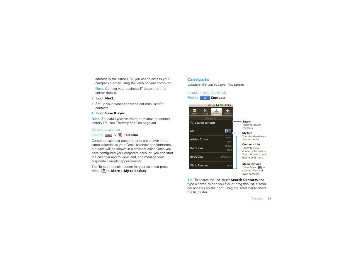 Contacts, Quick start: contacts | Motorola I1 User Manual | Page 25 / 63