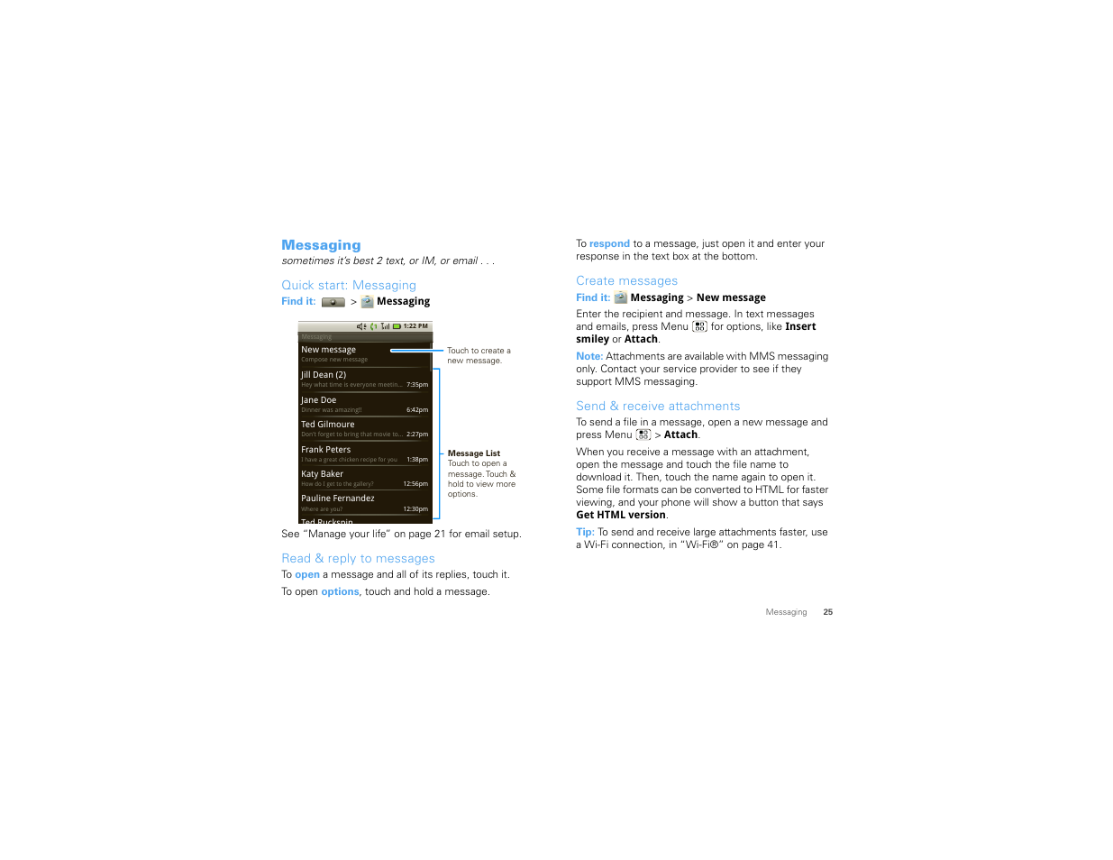 Messaging, Quick start: messaging, Read & reply to messages | Create messages, Send & receive attachments | Motorola I1 User Manual | Page 27 / 63