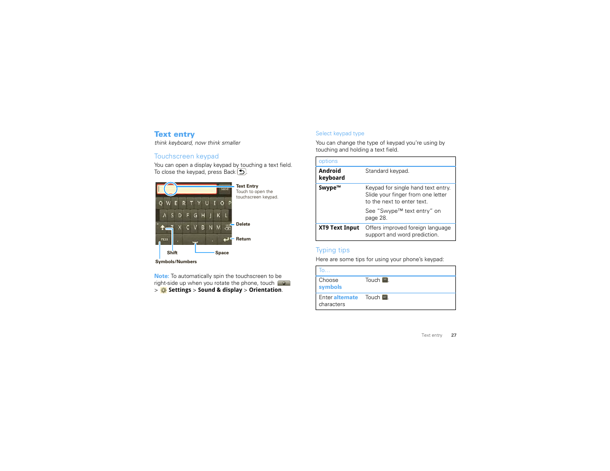 Text entry, Touchscreen keypad, Typing tips | Motorola I1 User Manual | Page 29 / 63