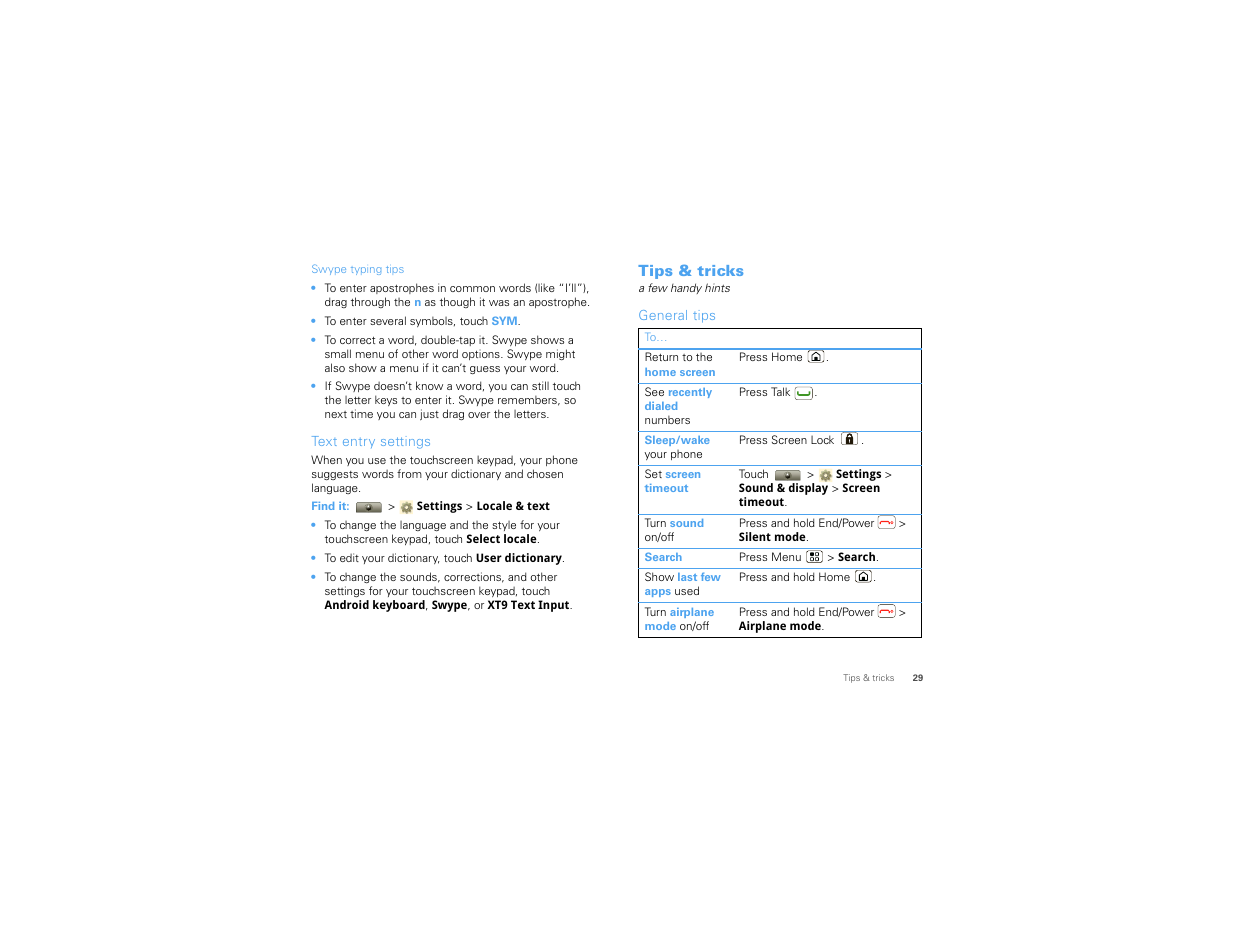 Text entry settings, Tips & tricks, General tips | Motorola I1 User Manual | Page 31 / 63