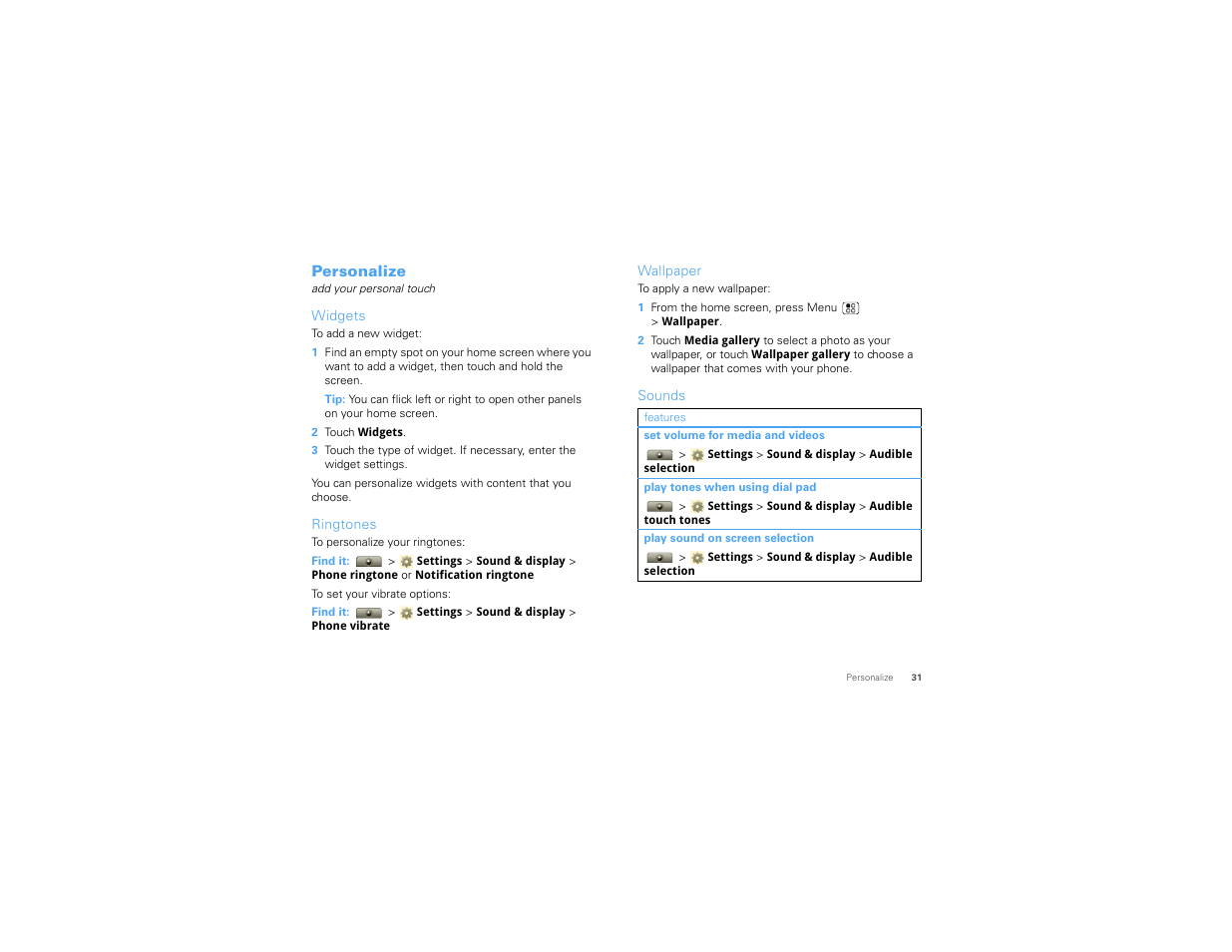 Personalize, Widgets, Ringtones | Wallpaper, Sounds | Motorola I1 User Manual | Page 33 / 63