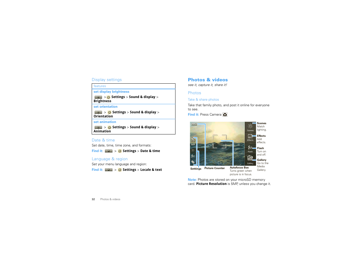 Display settings, Date & time, Language & region | Photos & videos, Photos | Motorola I1 User Manual | Page 34 / 63