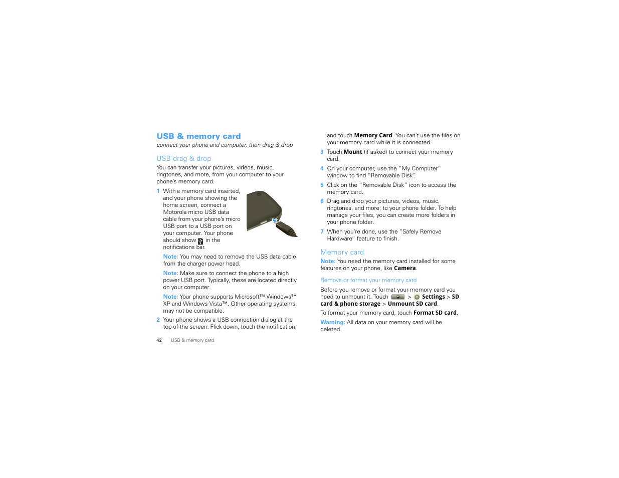 Usb & memory card, Usb drag & drop, Memory card | Motorola I1 User Manual | Page 44 / 63