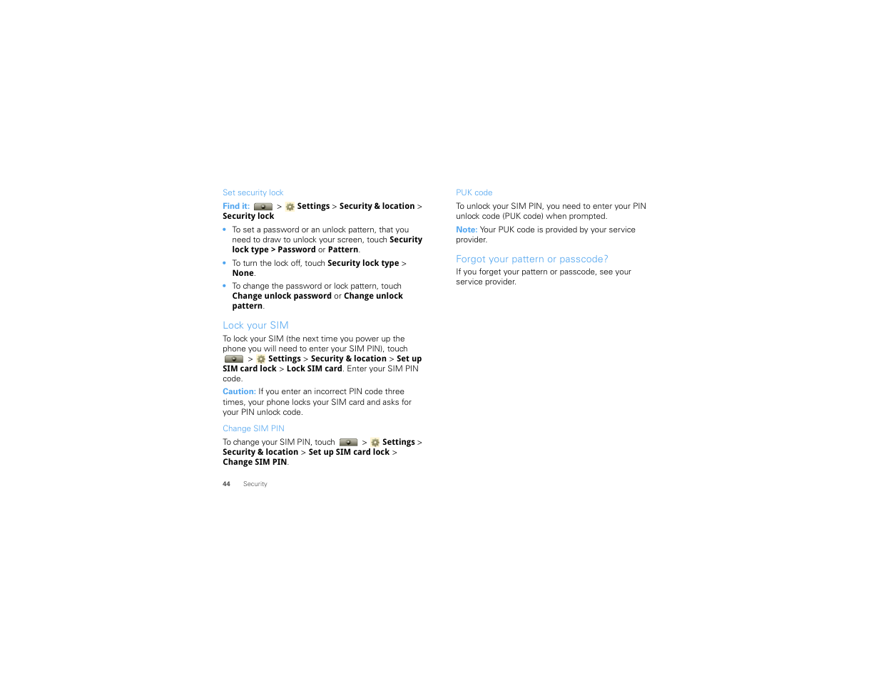 Lock your sim, Forgot your pattern or passcode | Motorola I1 User Manual | Page 46 / 63