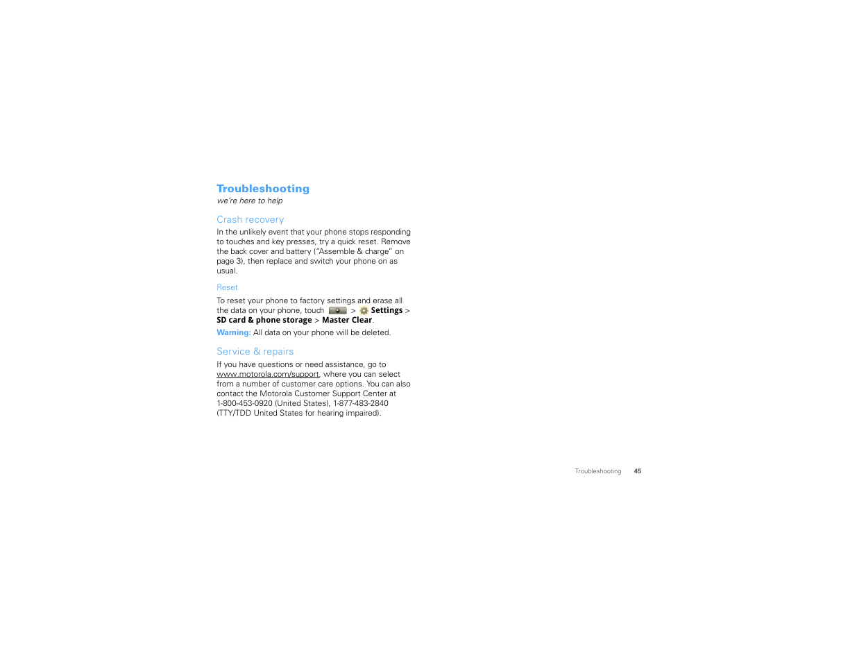 Troubleshooting, Crash recovery, Service & repairs | Motorola I1 User Manual | Page 47 / 63