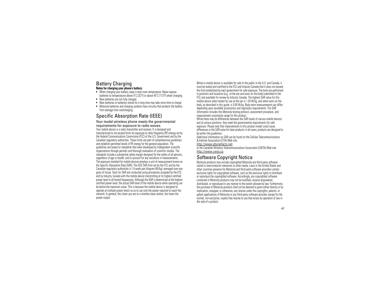 Battery charging, Sar (ieee), Software copyright notice | Specific absorption rate (ieee) | Motorola I1 User Manual | Page 49 / 63