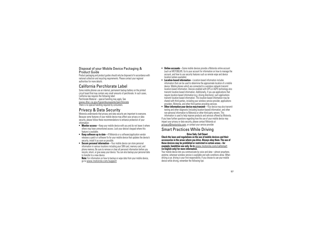 Perchlorate label, Privacy & data security, Driving safety | California perchlorate label, Smart practices while driving | Motorola I1 User Manual | Page 59 / 63