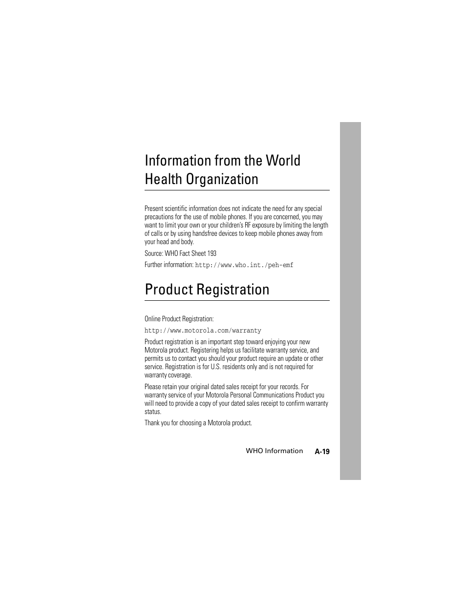 Who information, Product registration, Information from the world health organization | Motorola Cingular SLVR User Manual | Page 103 / 218
