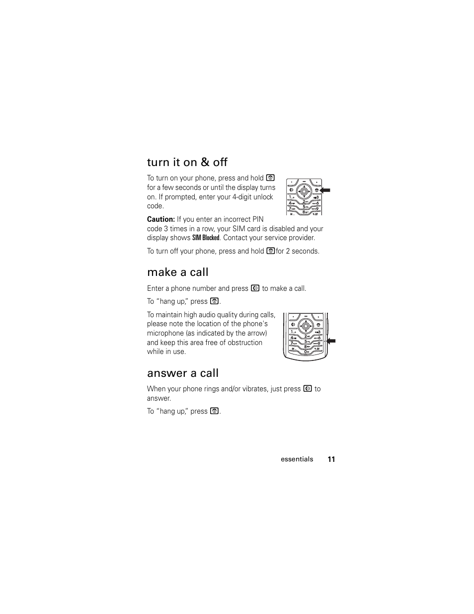 Turn it on & off, Make a call, Answer a call | Turn it on & off make a call answer a call | Motorola Cingular SLVR User Manual | Page 13 / 218