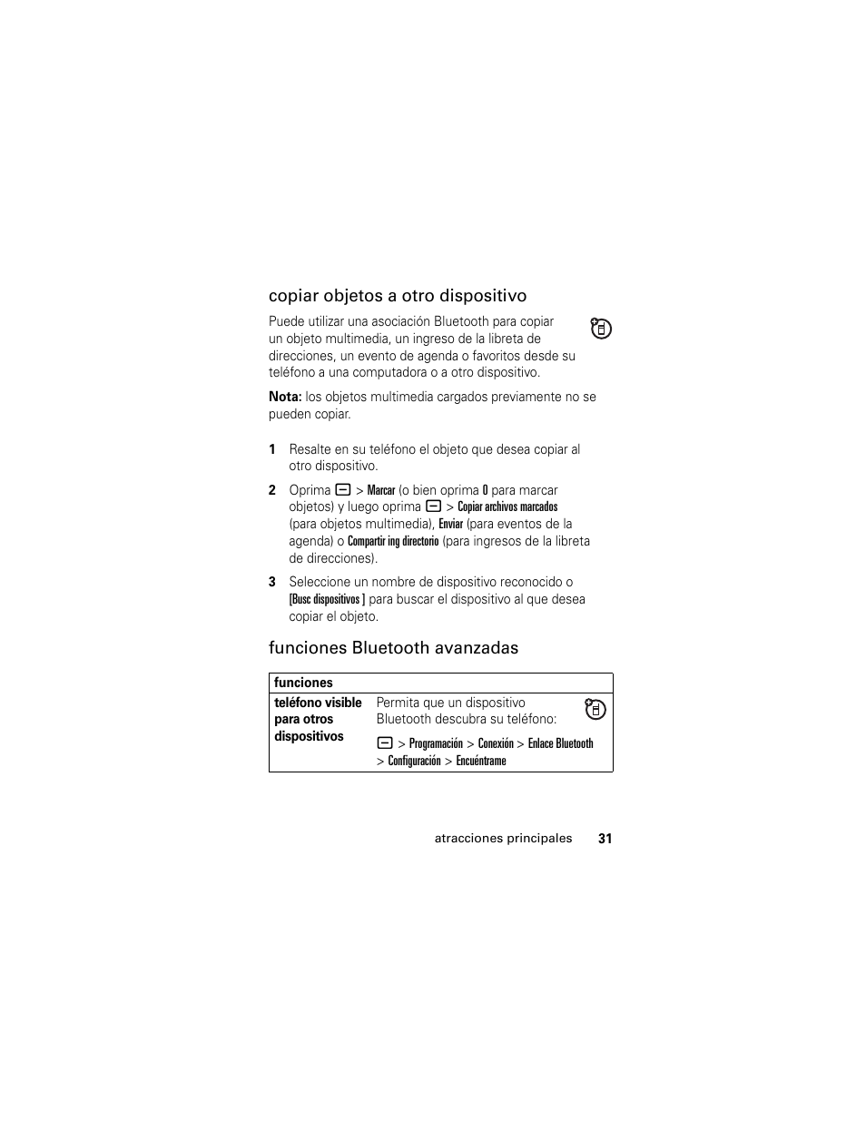 Copiar objetos a otro dispositivo, Funciones bluetooth avanzadas | Motorola Cingular SLVR User Manual | Page 139 / 218