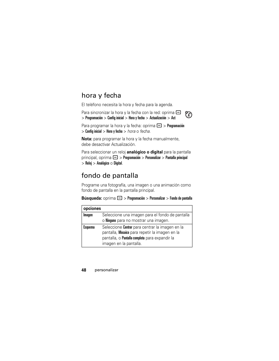 Hora y fecha, Fondo de pantalla, Hora y fecha fondo de pantalla | Motorola Cingular SLVR User Manual | Page 156 / 218