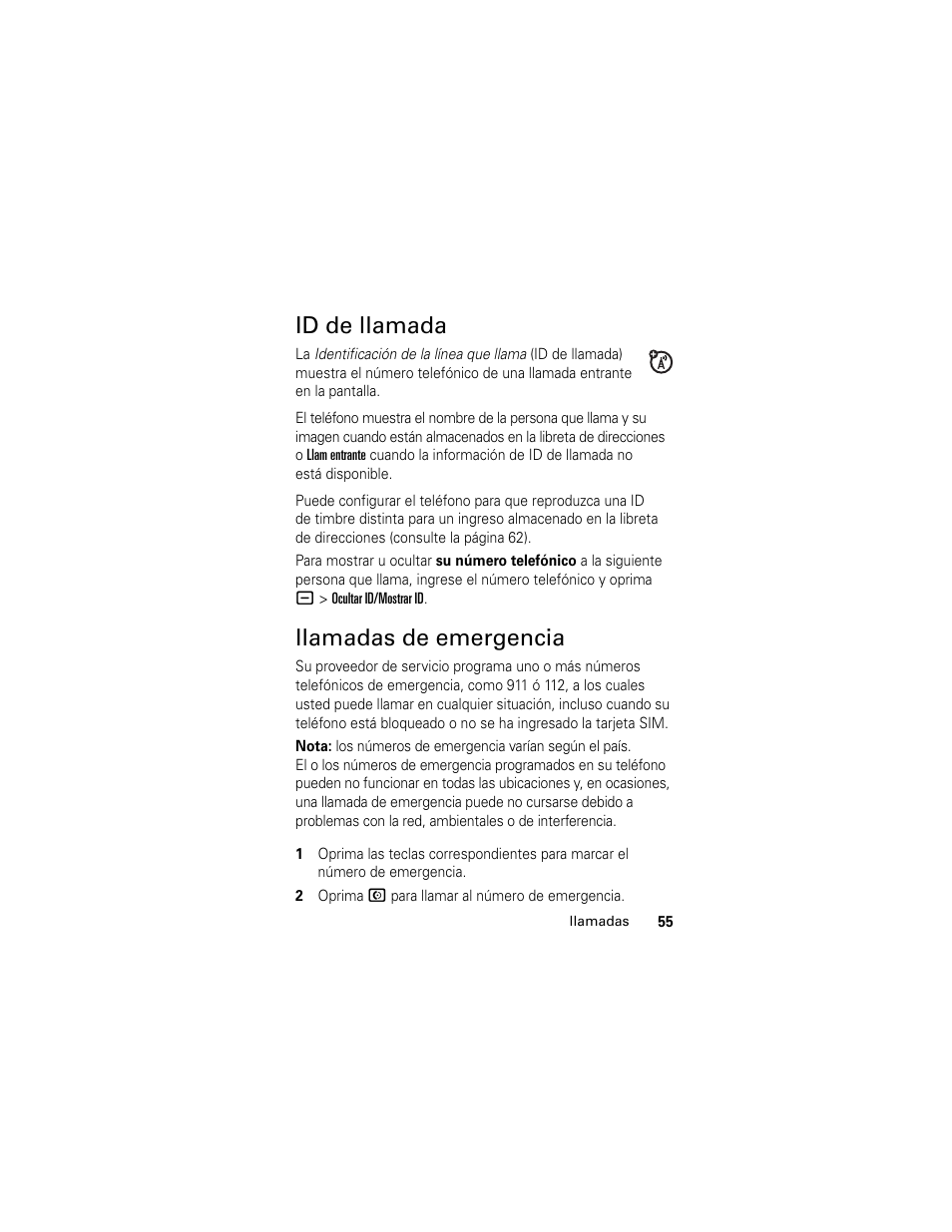 Id de llamada, Llamadas de emergencia, Id de llamada llamadas de emergencia | Motorola Cingular SLVR User Manual | Page 163 / 218