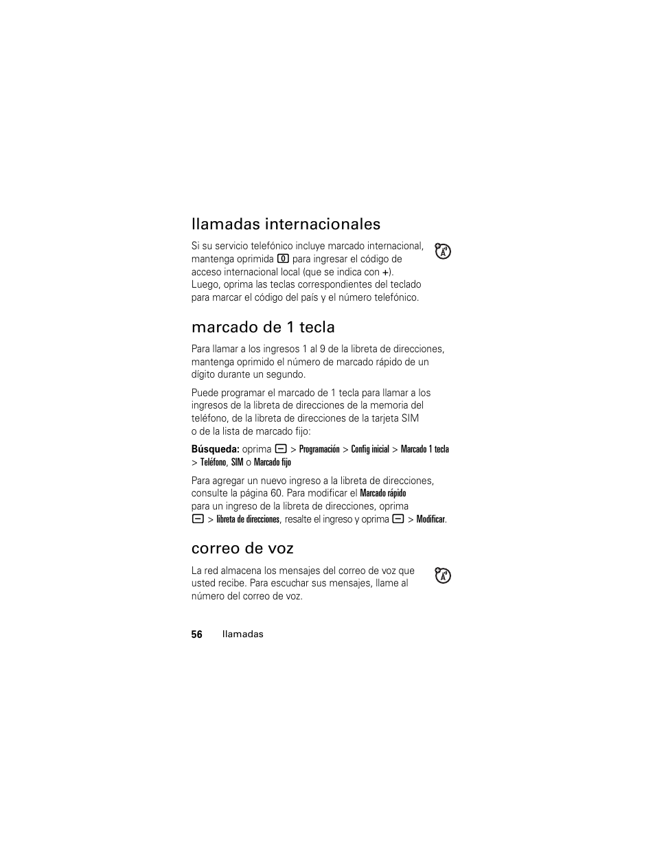 Llamadas internacionales, Marcado de 1 tecla, Correo de voz | Motorola Cingular SLVR User Manual | Page 164 / 218